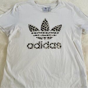Adidas White Tee with Leopard Print Logo